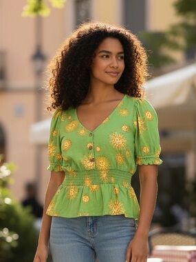 NWT ModCloth green peplum top vibrant yellow sun print small